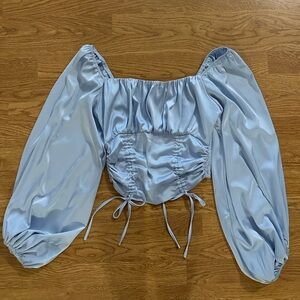 Baby Blue Satin Cropped Long Sleeve Blouse